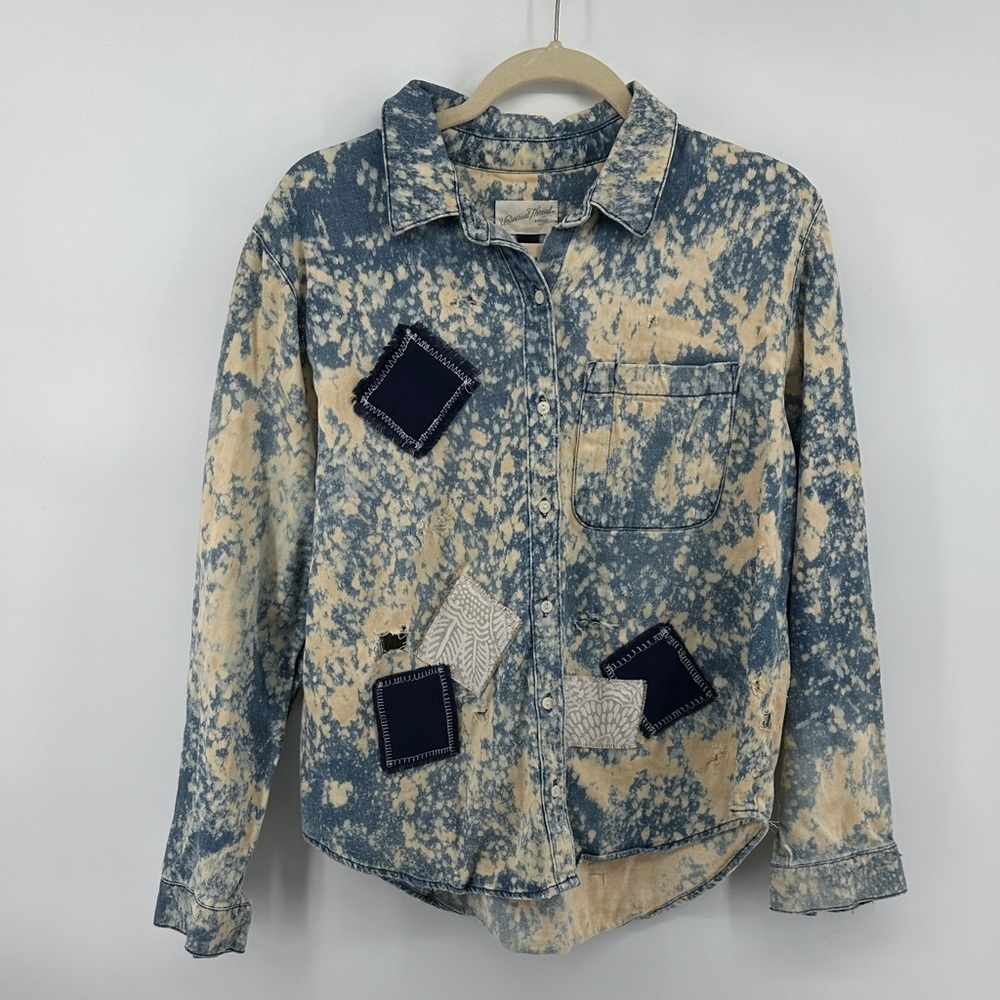 Upcycled Grungecore Gothic Americana Boho Bleached Blue/Cream Denim Shirt SzM